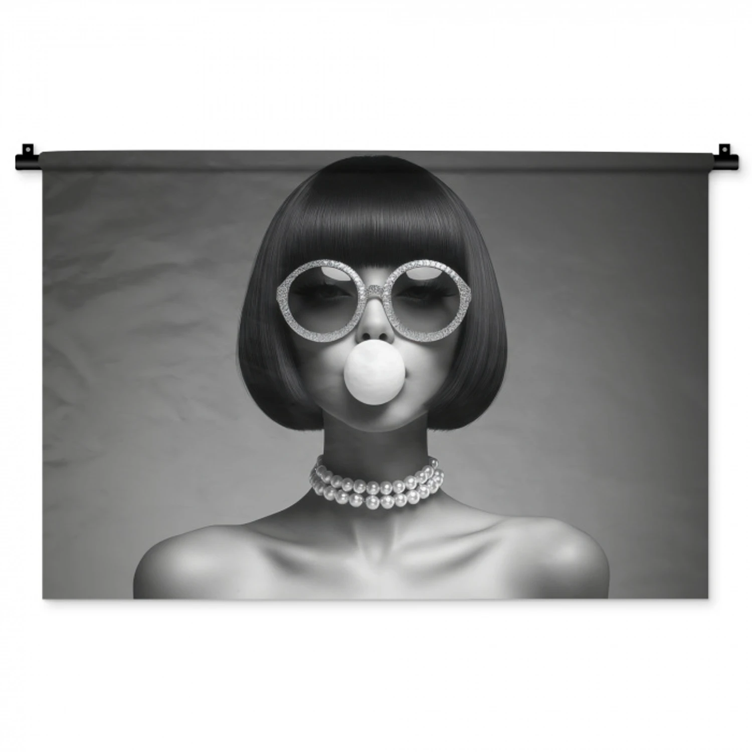Vrouw - Zwart Wit - Ketting - Zonnebril Wandkleed katoen middel -zz3d