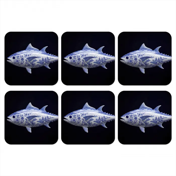 Porselein - Tonijn - Delfts - Blauw onderzetter kurk middel -3d