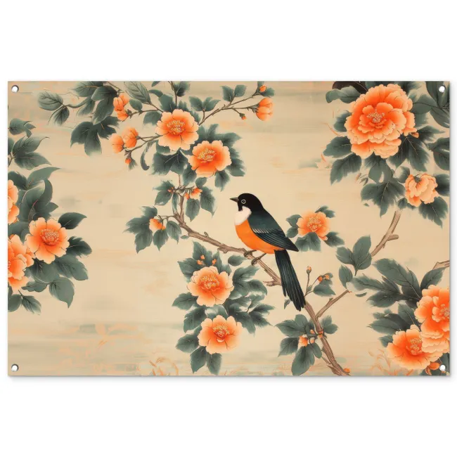 Tuinposter - Vogel - Tak - Bloemen - Oranje