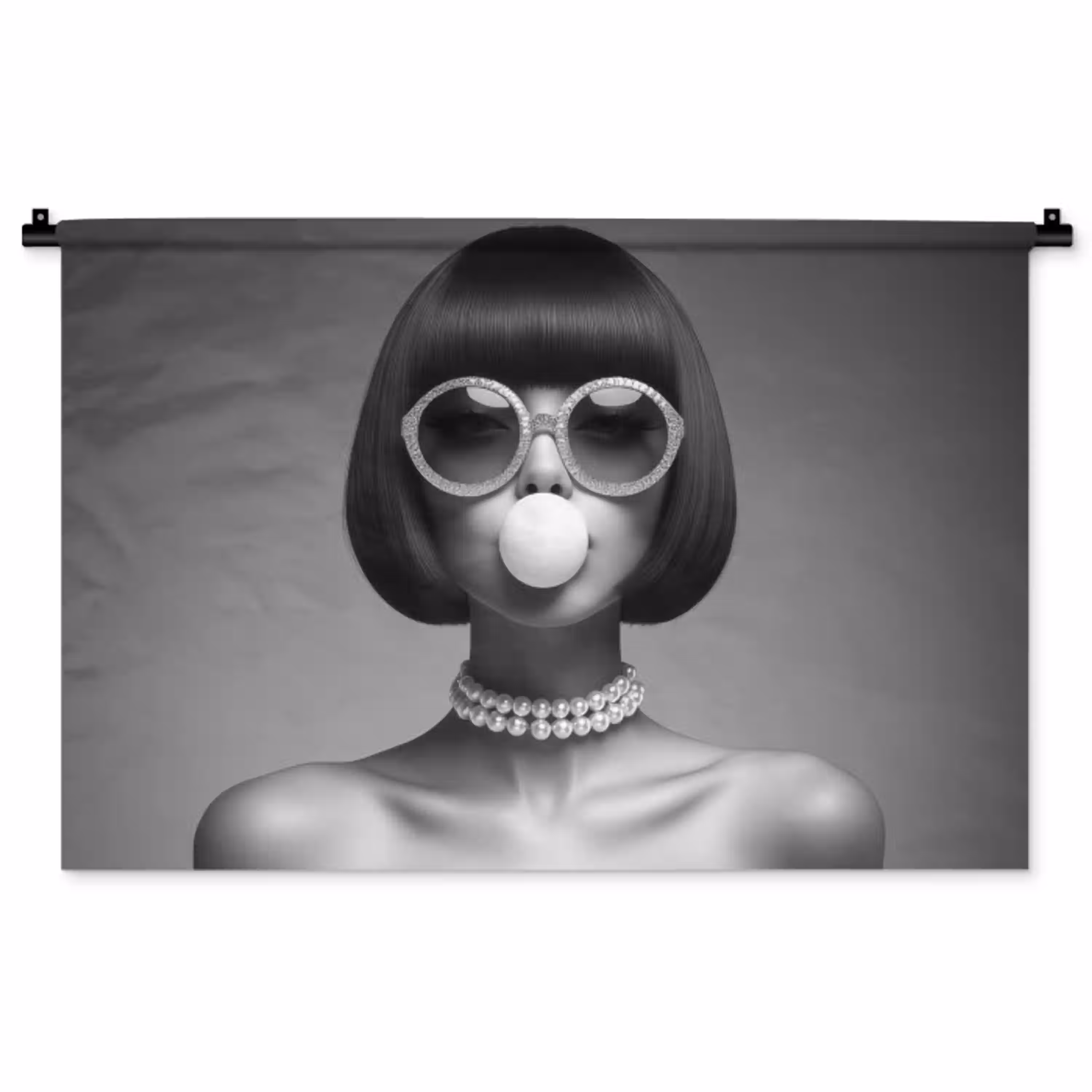 Vrouw - Zwart Wit - Ketting - Zonnebril Wandkleed katoen middel -zz3d