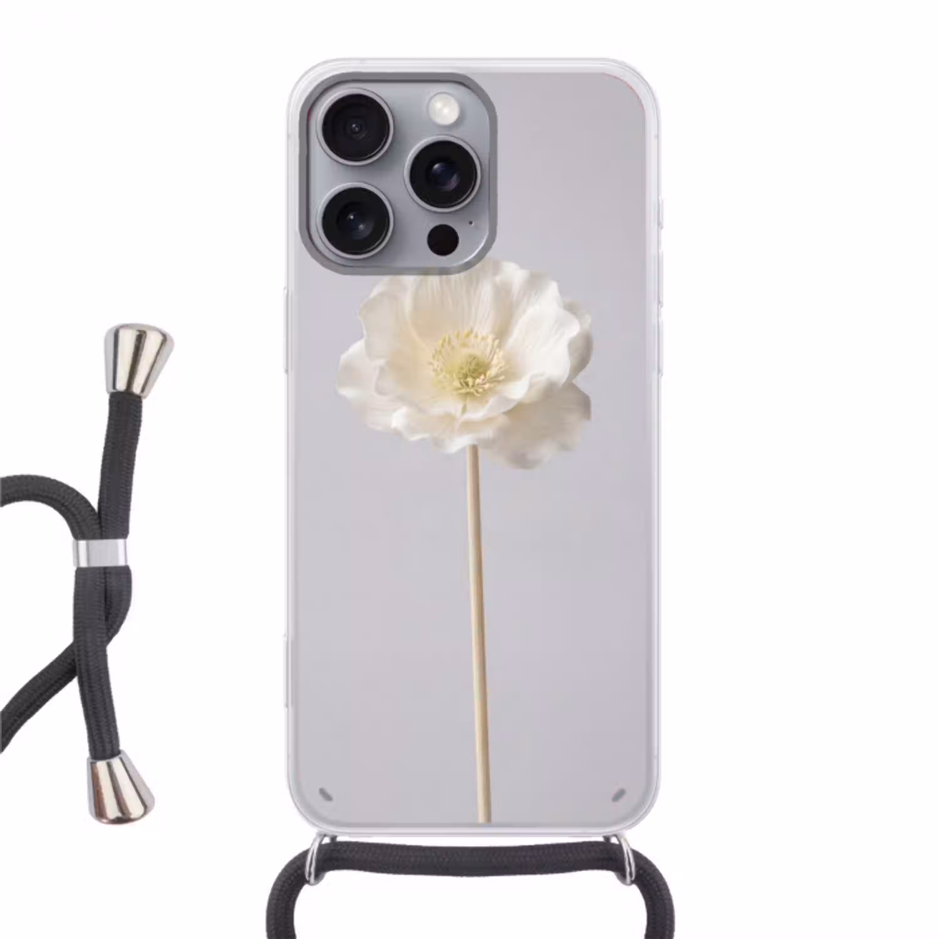 Bloem - Minimalistisch -Wit Hoesje iPhone 16 Pro Max met koord klein -3d