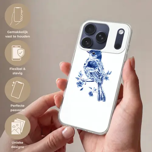 Vogel - Delfts blauw - Illustratie - Bloemen Telefoonhoesje iPhone 17 Pro klein -sfeer3_NL