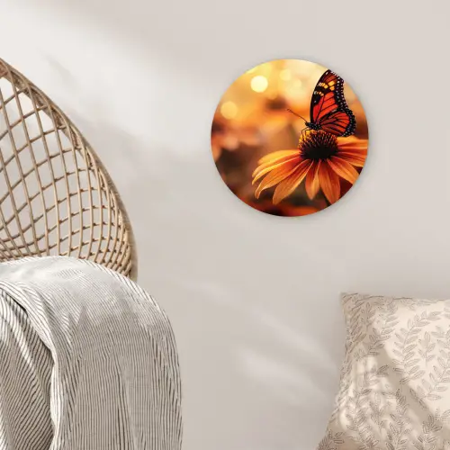 Vlinder - Bloemen - Oranje Wandcirkel kunststof plaat 5mm dik klein -sfeer5