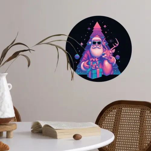 Retro - Kerstman - Rendieren - Kerstboom Wandcirkel behangsticker klein -sfeer3