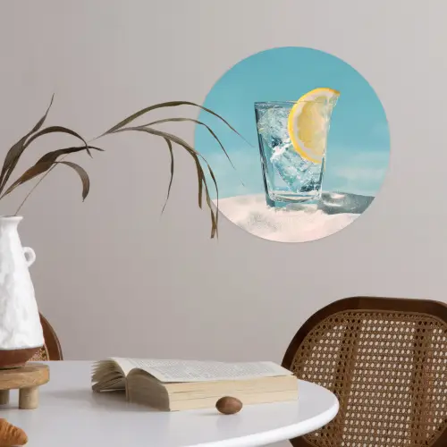 Glas - ijsblokjes - Citroen Wandcirkel behangsticker klein -sfeer3