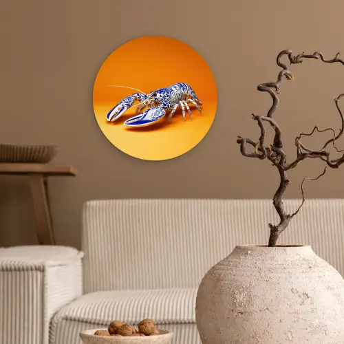 Kreeft - Delftsblauw - Schild - Stoer - Oranje Wandcirkel kunststof plaat 5mm dik klein -sfeer1