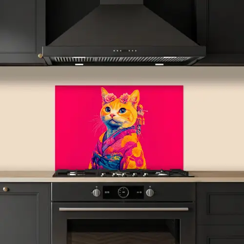Kat - Kimono - Bloemen - Roze keuken achterwand spatscherm klein -sfeer1
