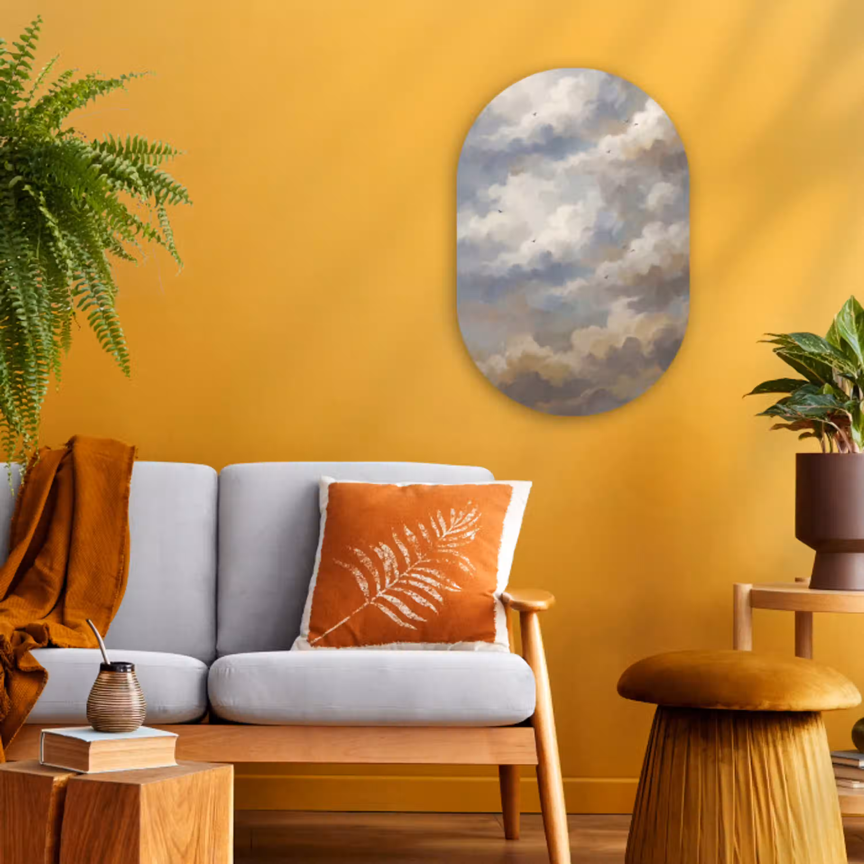 Vogel - Wolken - Natuur - Modern - Grijs Wandcirkel Ovaal Forex klein -sfeer4
