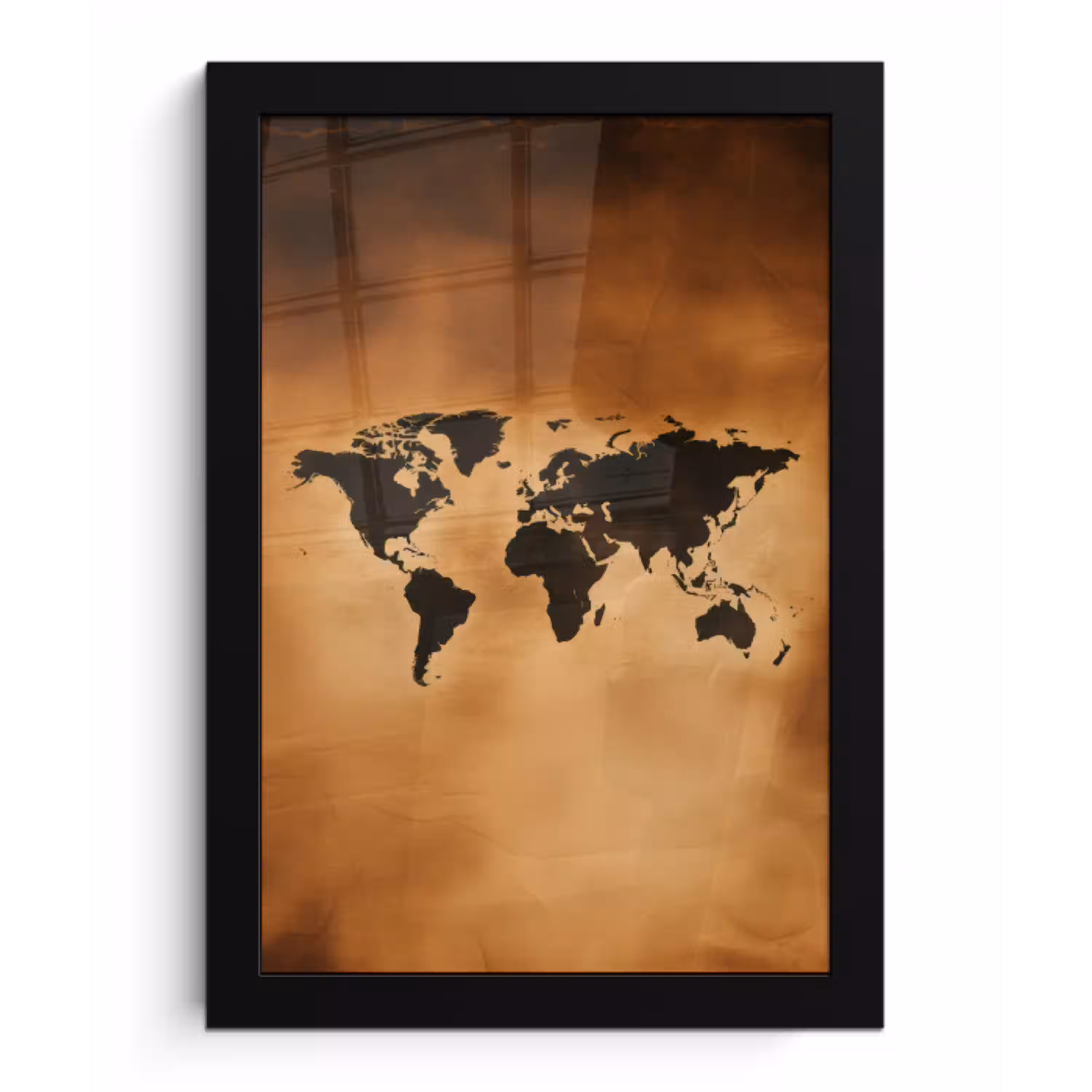 Wereldkaart - Bruin - Kaart fotolijst zwart zonder passe partout klein -3d