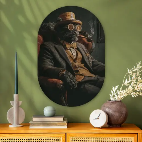 Kat - Pak - Oranje - Sigaar Wandcirkel Ovaal Glas middel -sfeer2