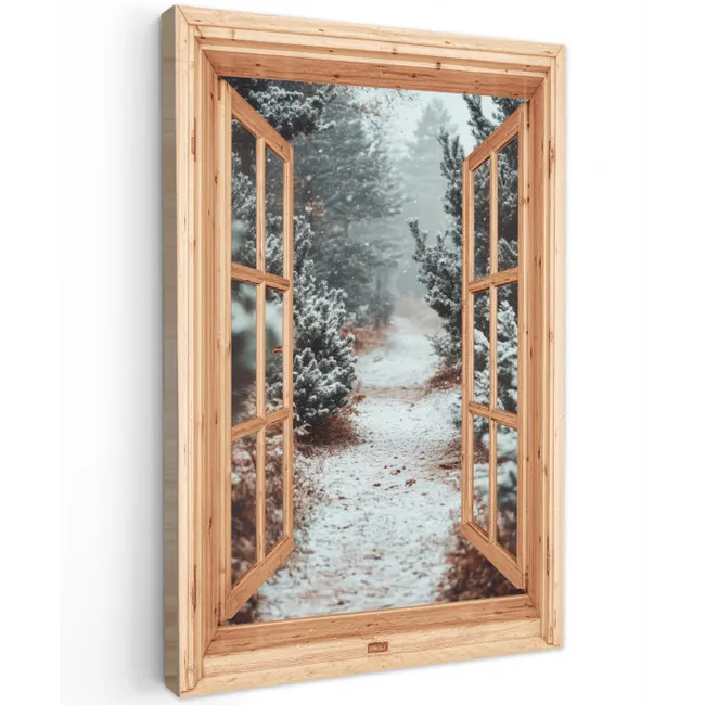 Bos - Winter - Bomen - Natuur - Pad - Doorkijk Tuinposter op houten frame 2 cm dik klein -3d