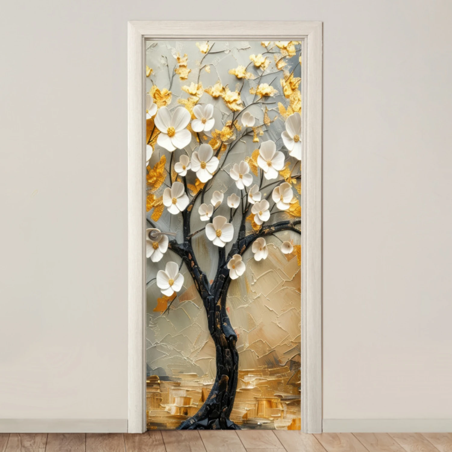 Boom - Bloemen - Goud - Beige deurposter klein -3d_beige