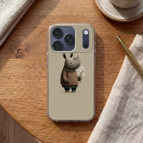 Neushoorn - Witte bloemen - Lief Telefoonhoesje iPhone 17 Pro klein -sfeer1