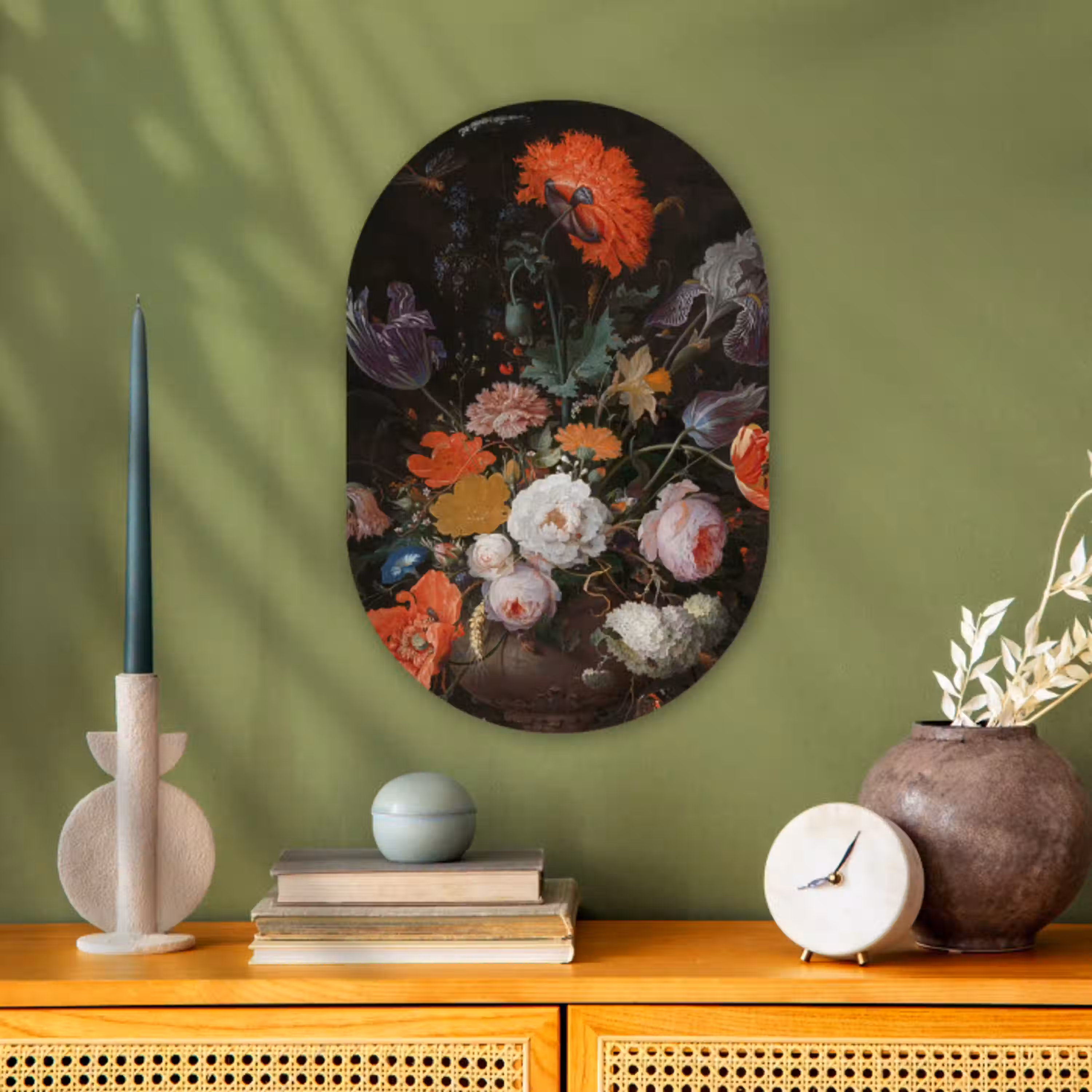 Stilleven met bloemen en een horloge - Schilderij van Abraham Mignon Wandcirkel Ovaal Forex klein -sfeer2