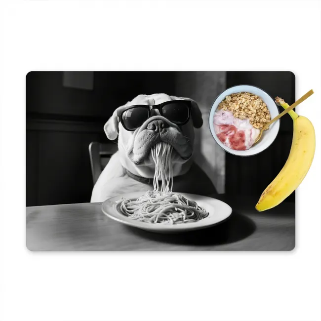 Hond - Bulldog - Pasta - Bril - Stoer - Dieren Placemat vinyl groot -zzzproduct_Kitchenyeah-website