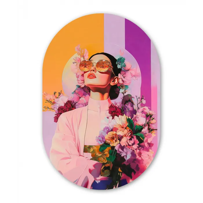 Portret - Vrouw - Abstract - Bloemen Wandcirkel Ovaal Glas middel -3d