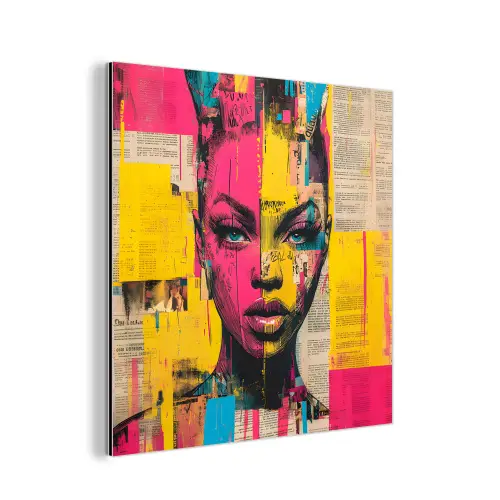 Vrouwengezicht - Krantenpapier - Abstract - Roze aluminium wit klein -3d