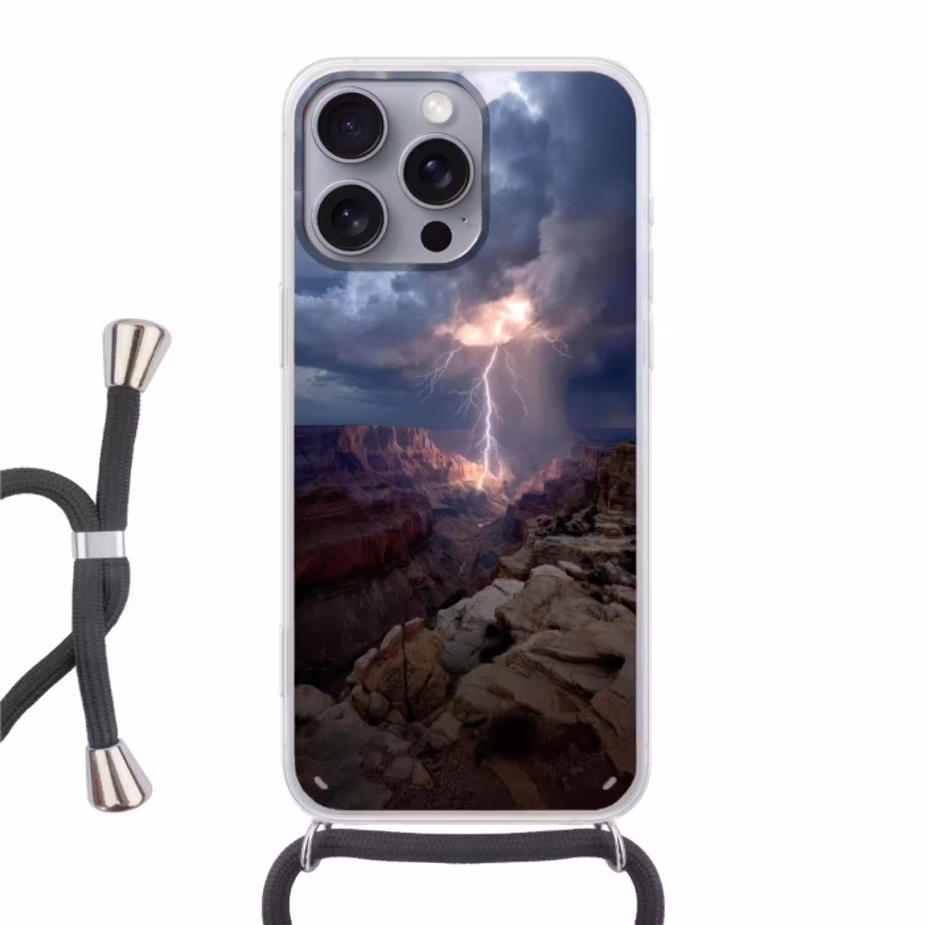 Bliksem - Wolken - Canyon Hoesje iPhone 16 Pro Max met koord klein -3d