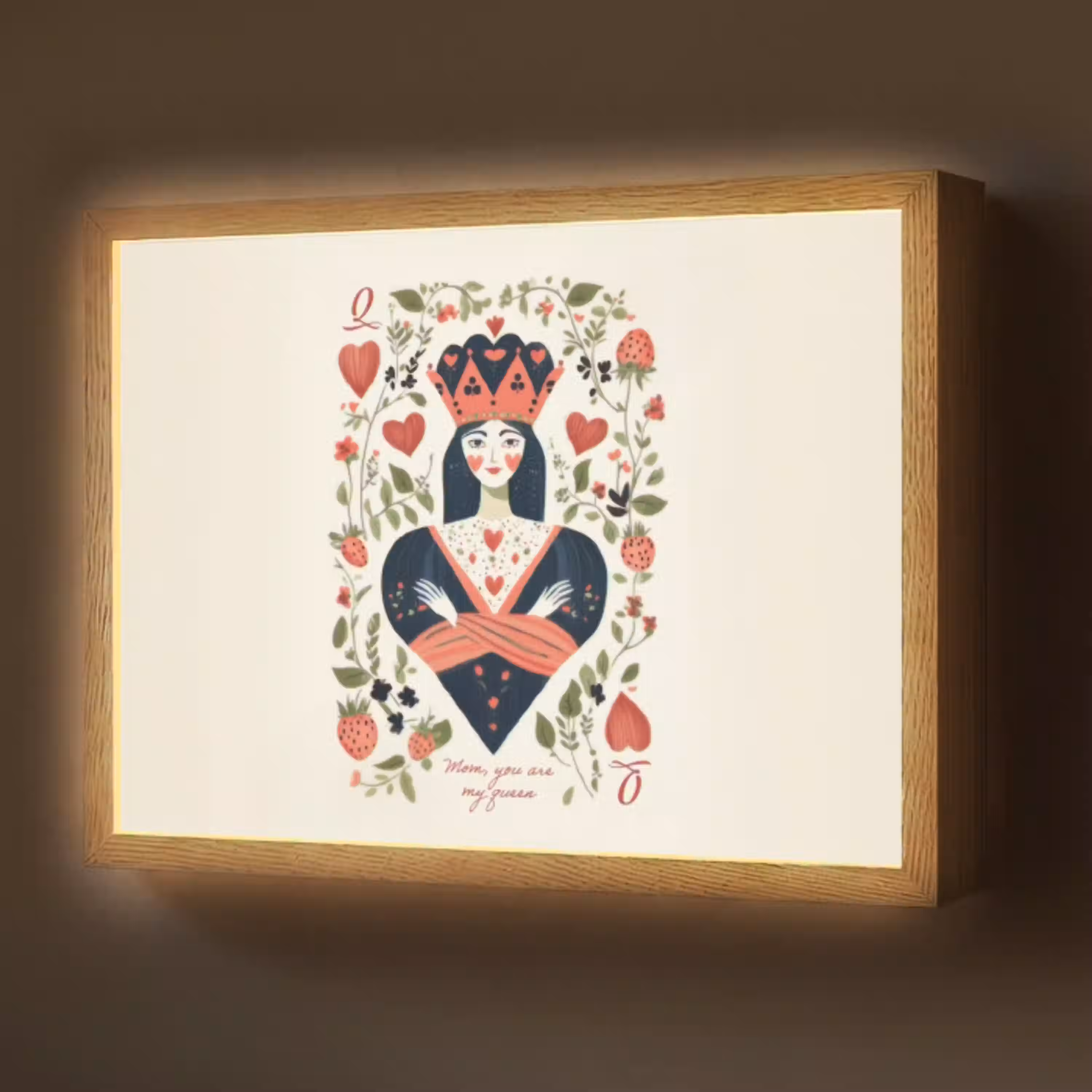 Speelkaart - Hartenkoningin - Bloemen - Hartjes Light Box met batterij (Wandlamp) middel -z3d_website