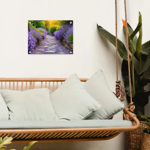Lavendelpad bij zonsondergang tuinposter los doek klein -sfeer7