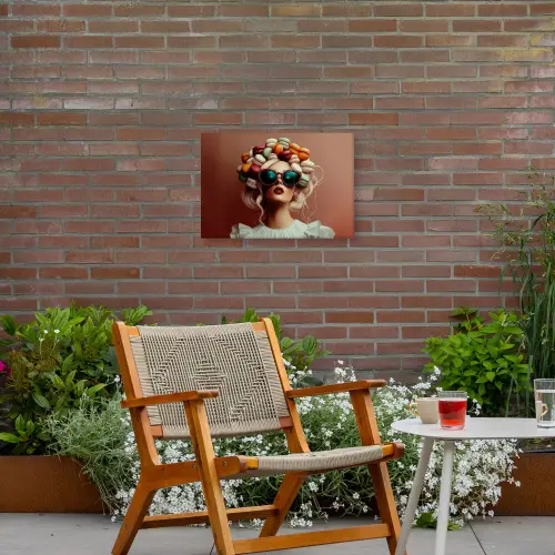 Vrouw - Macarons - Bril Tuinposter op houten frame 2 cm dik klein -sfeer3