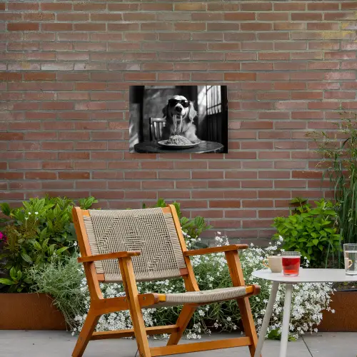 Golden Retriever - Hond - Vrolijk -  Bord spaghetti - Zwart - wit Tuinposter op houten frame 2 cm dik klein -sfeer3