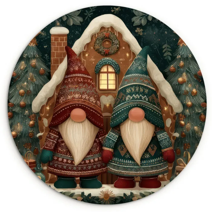 Kerst - Gnomen - Peperkoekhuisje - Rood - Groen Wandcirkel kunststof plaat 5mm dik klein -3d