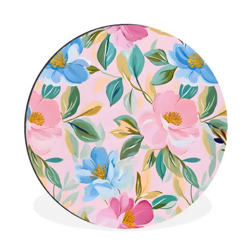 Blauw - Roze - Bloemen Wandcirkel aluminium klein -3d