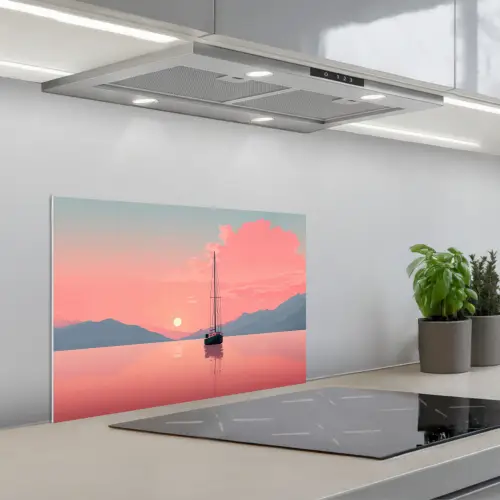 Zeilboot - Roze zee - Zonsondergang - Bergen keuken achterwand spatscherm klein -3d_schuin