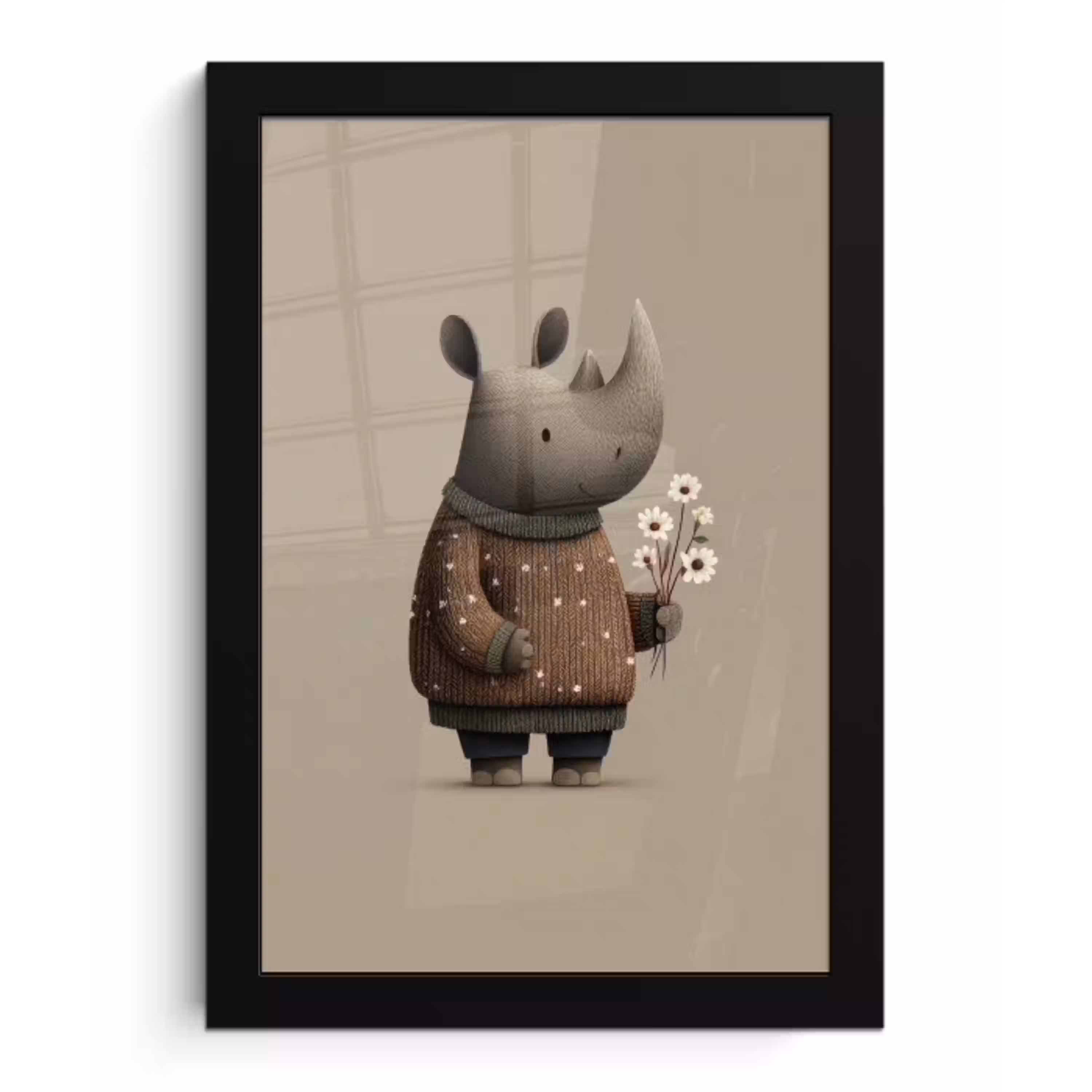 Neushoorn - Witte bloemen - Lief fotolijst zwart zonder passe partout klein -3d