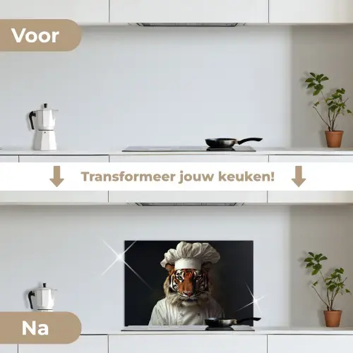 Tijger - Kokskleding - Bruin keuken achterwand spatscherm klein -voor_na_NL