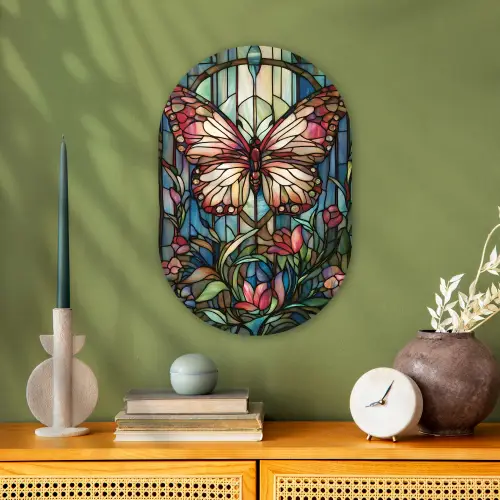 Vlinder - Roze - Bloemen - Bladeren Wandcirkel Ovaal Forex klein -sfeer2