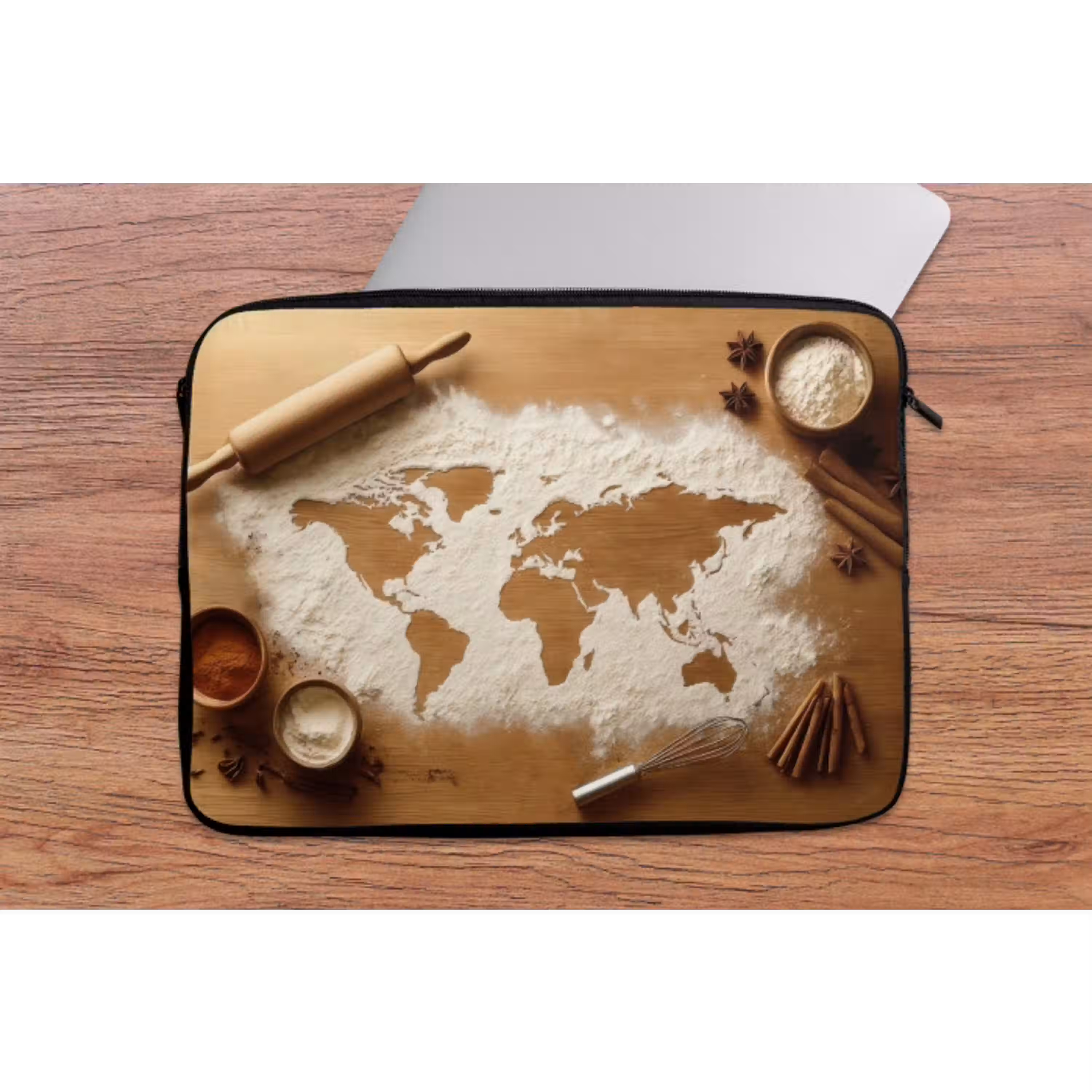 Hout - Wereldkaart - Bakken - Keuken laptophoes neopreen klein -tafel