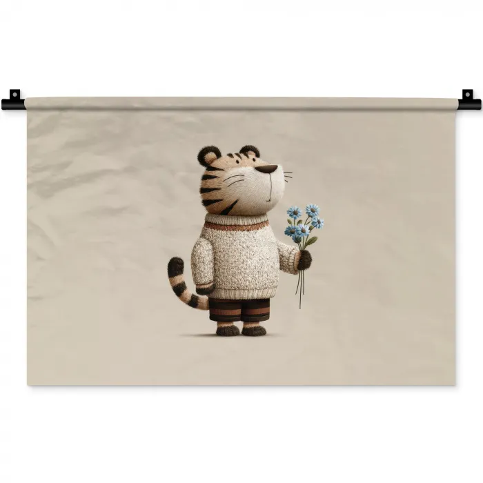 Tijger - Blauwe bloemen - Rustig Wandkleed katoen klein -zz3d