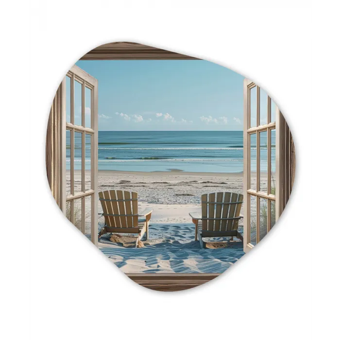 Doorkijk - Strandstoelen - Duinen - Zee - Natuur Wandcirkel Organisch Aluminium middel -3d