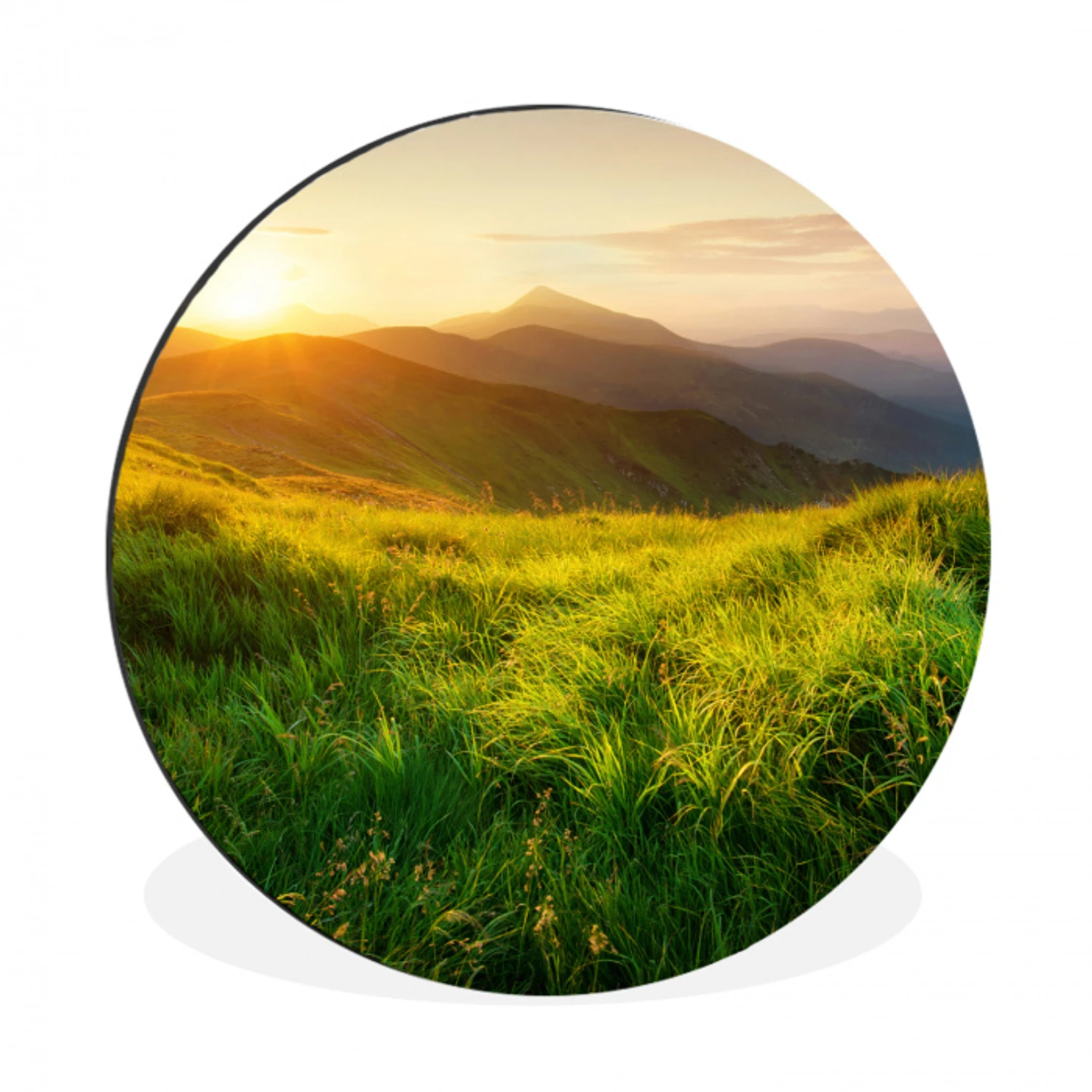 Gras - Heuvels - Zon - Natuur Wandcirkel aluminium klein -3d