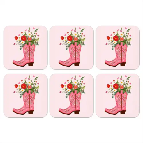 Cowboylaarzen - Roze - Boeket - Bloemen onderzetter kurk middel -3d