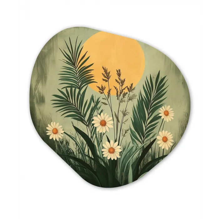 Bloemen - Bladeren - Zon - Groen Wandcirkel Organisch Plexiglas middel -3d