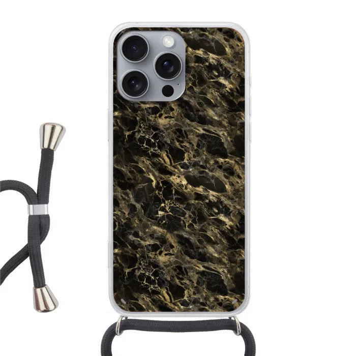 Kristal - Goud - Zwart - Marmer Hoesje iPhone 16 Pro Max met koord klein 804 -3d