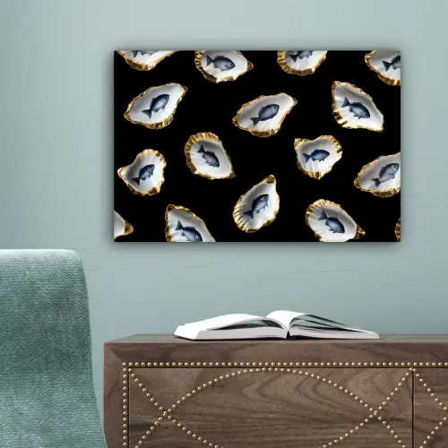 Oesters - Vissen - Blauw - Goud canvas 2cm klein -sfeer4