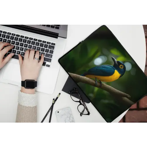 Vogel - Tak - Geel - Bladeren laptophoes neopreen klein -bureau