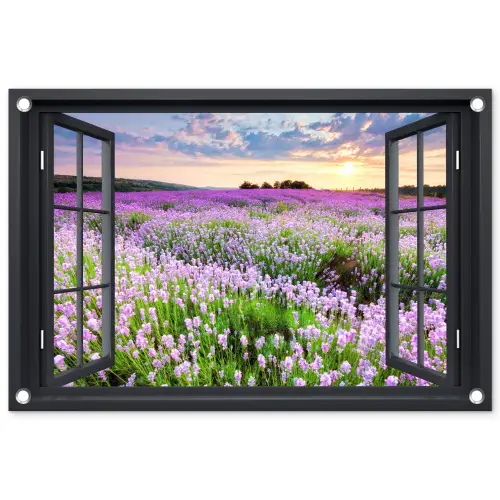 Uitzicht op Lavendelveld bij Zonsondergang tuinposter los doek klein -3d
