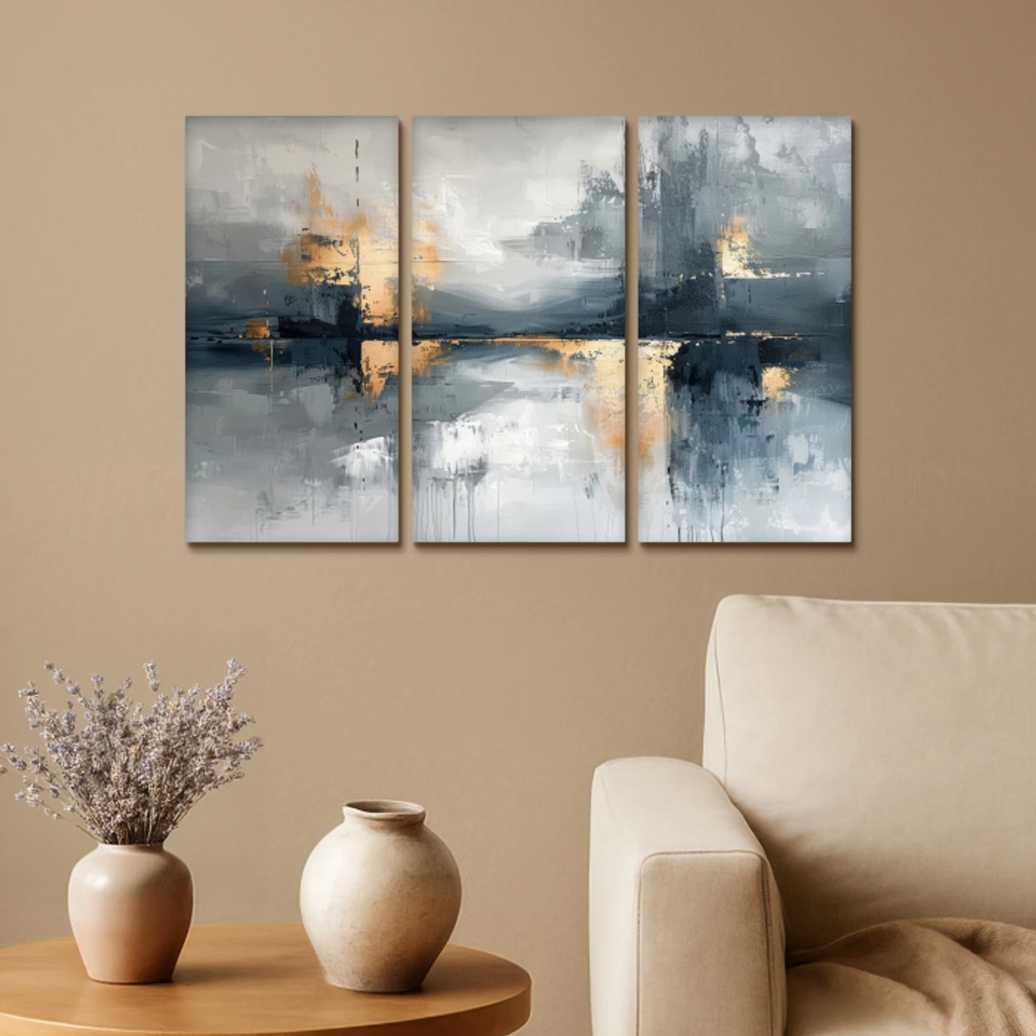 Abstract - Grijs - Goud - Modern Canvas - Meerluiken 3 luik klein -sfeer1
