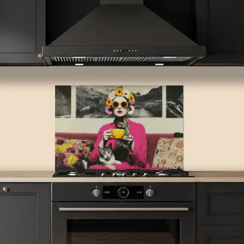 Vrouw - Kat - Bloemen - Kopje - Retro keuken achterwand spatscherm klein -sfeer1