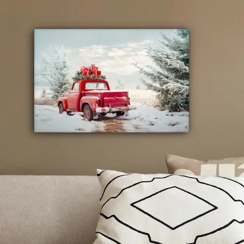 Auto - Rood - Cadeaus - Winter - Sneeuw - Kerst canvas 2cm klein -sfeer3