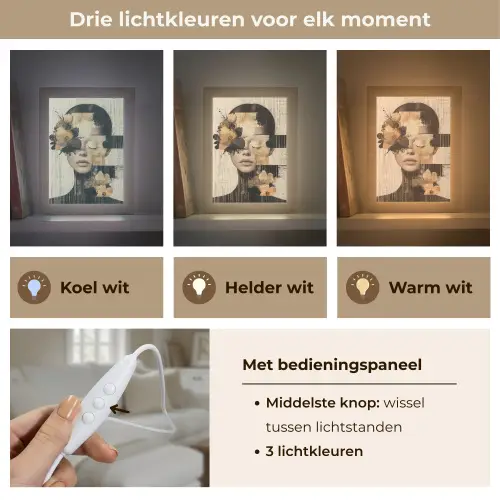Gezicht - Bloemen - Zwart - Vrouw Light Box met kabel (Tafellamp) klein -USP_lichtkleurNL