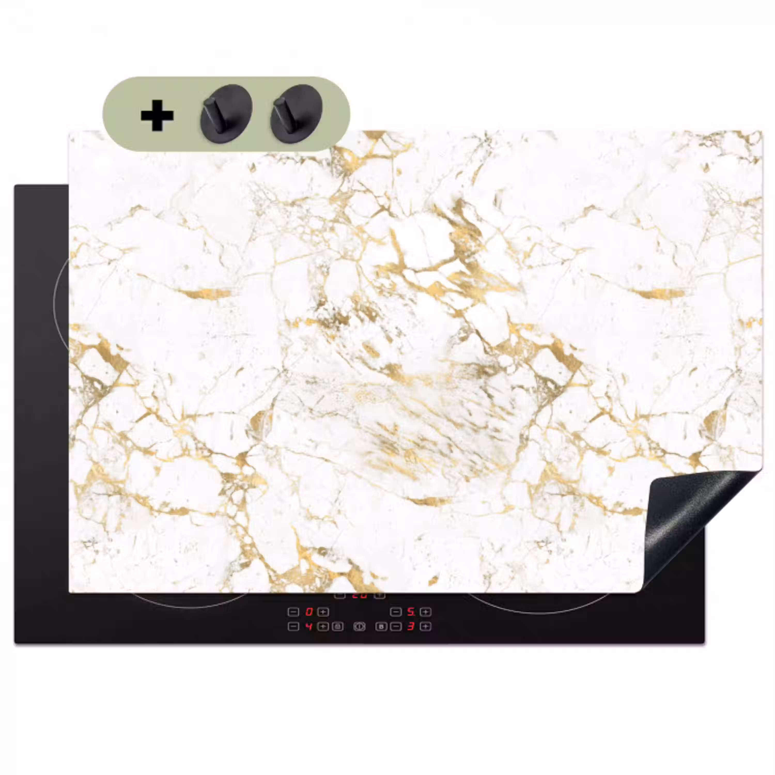 Wit - Marmer - Luxe - Goud Inductie beschemer met haakjes klein 777 -3d