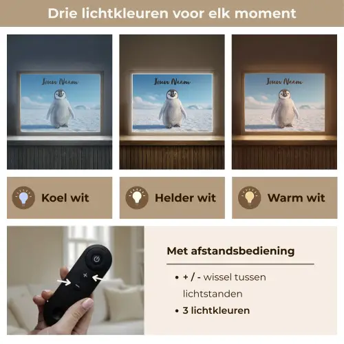 Pinguïn - Sneeuw - Landschap - Wit Light Box met batterij (Wandlamp kind) middel -USP_lichtkleurNL