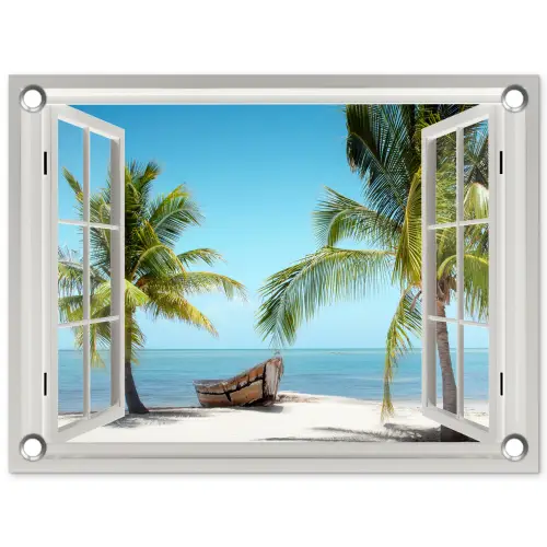 Doorkijk - Strand - Palmboom - Boot - Tropisch - Zee - Blauw tuinposter los doek klein -3d
