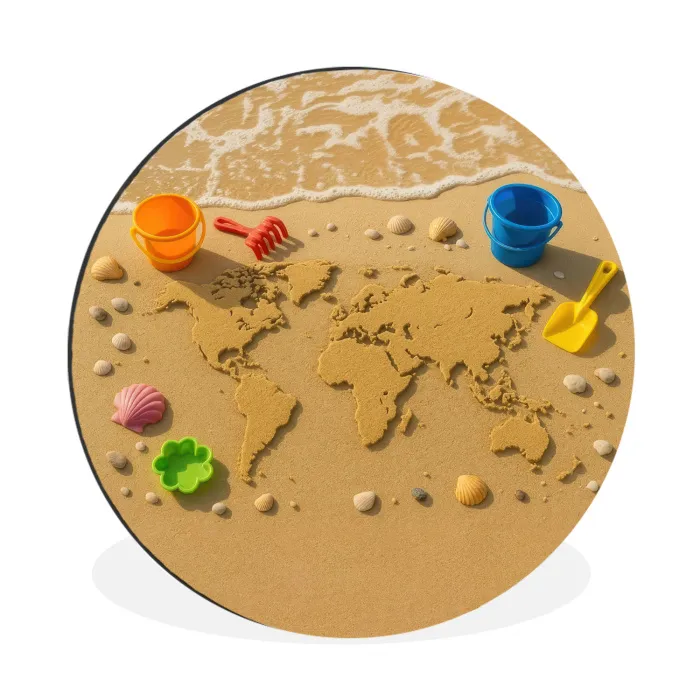 Wereldkaart - Zand - Kleurrijk - Zomer Wandcirkel aluminium klein -3d